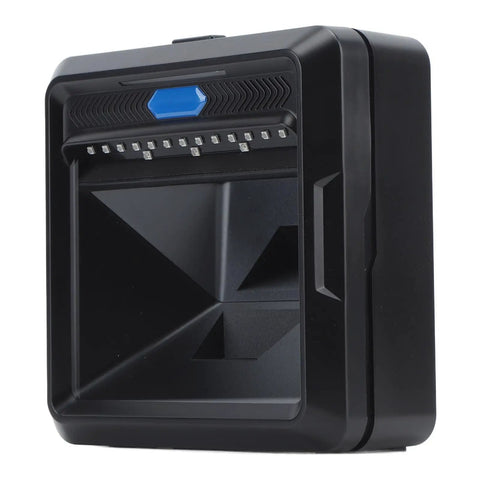 Hands Free Desktop Barcode Scanner For 1D 2D And QR Codes With IR Auto Sensing, USB Plug And Play, angled front view