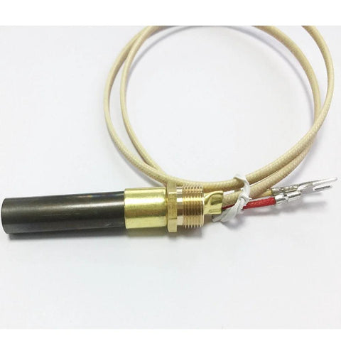 Thermopile temperature sensor with brass threaded mounting and black ceramic probe, two insulated leads