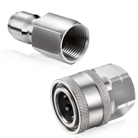 Stainless steel pressure washer quick-connect adapters, 3/8 in NPT, male and female, 2-piece set (close-up)