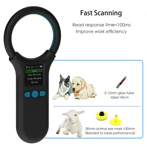 Image of All In One Pet Microchip Scanner with 1.44 inch TFT screen and features including data storage and fast scanning