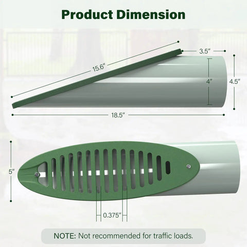 Diagram of Green 4 Inch Angled Yard Drain Grate For Sump Pump Discharge And Downspout Extensions Yard Drain Emitter dimensions.