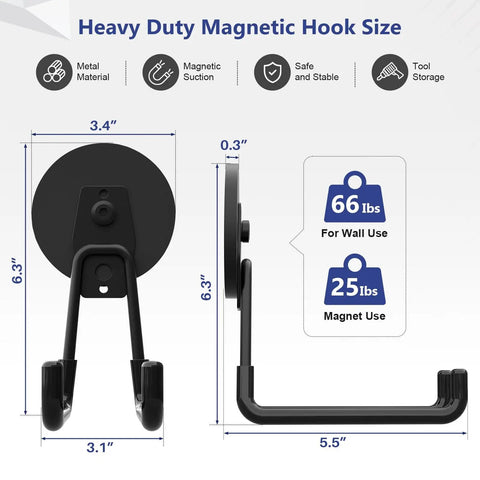 Diagram showing size and weight capacity of Three Pack Heavy Duty Magnetic Hooks For Garage And Workshop, 3.46 Inch Black
