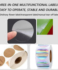 Ordinary flower label and transparent label rolls for corner sealing with manual tear-off feature, suitable for packaging.