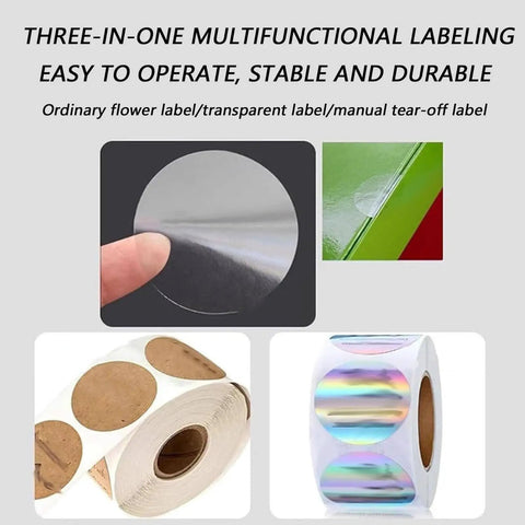 Ordinary flower label and transparent label rolls for corner sealing with manual tear-off feature, suitable for packaging.