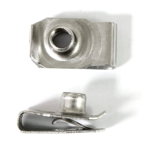 Forty Pack Quarter Inch By Twenty Thread Stainless Steel U Nuts Clip On Panel Mounting Hardware in silver finish, used for auto body repairs.