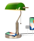 Glass Bankers Desk Lamp With USB Charging Port LED Desk Light Emerald Green Glass Shade Brass Finish Classic Retro Pull Chain