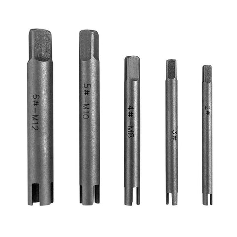 Tap Extractor Set 4 Flute Broken Head Remover For Stripped Taps Durable Steel 5 Piece Kit showing various sizes M5 to M8.