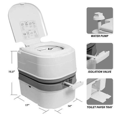Portable Camping Toilet With Splash Free Flush Anti Leak Water Pump Large Capacity Waste Tank Quick And Easy Setup dimensions