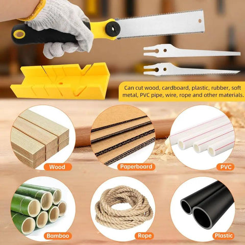 4 In 1 Miter Box And Saw Set With A 12 Inch Box And 3 Interchangeable Blades Japanese Pull Saw For Wood Drywall And Soft Metal Cutting Ideal For DIY And Home Projects Pro Grade, showing handle, miter box, and materials like wood and PVC