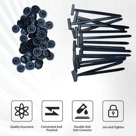 Nylon Universal Cable Tie Buckles Kit 100 Pcs Heavy Duty Self Locking Zip Ties with plastic heads displayed on white background.