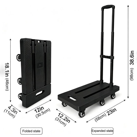 Six Wheel Platform Push Cart With Foldable Dolly Hand Truck Heavy Duty Moving Cart For Home Office And Shop Smooth Rolling With Four Universal And Two Fixed Wheels Space Saving Flat Fold Design, folded and expanded
