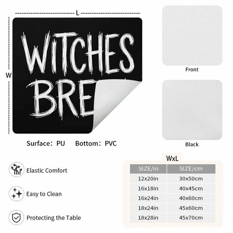 Spooktacular Black Witches Brew Coffee Station Mat Featuring Quick Dry Absorbent PU Material Designed For Kitchen Counter Espresso Machine Setup 28 By 18 Inch Halloween Spill Proof Drip Catch Pad with PU surface.