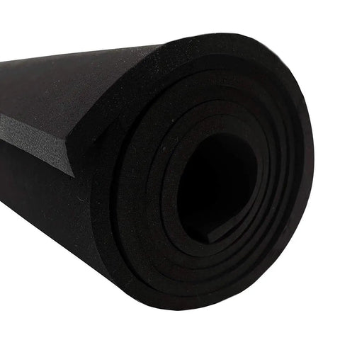 No Sweat Neoprene Closed Cell Foam Roll For Cosplay Armor And Workshop Soundproofing Quick Trim Non Adhesive Rubber Cushion quarter inch thick rolled up with black surface.