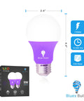 Blue LED A19 2 Pack 9W 60W Equivalent Non Dimmable E26 Base Blue Light Bulbs For Party Decor packaging and bulb size
