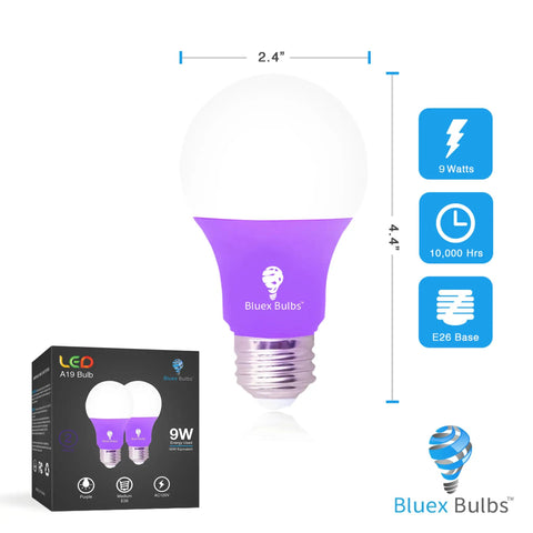 Blue LED A19 2 Pack 9W 60W Equivalent Non Dimmable E26 Base Blue Light Bulbs For Party Decor packaging and bulb size