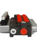 Side view of Beefed Up 7 Spool Double Acting Hydraulic Directional Control Valve For Small Tractor Loaders 13 GPM Flow 3600 PSI SAE Inlet Outlet Ports Heavy Duty Farm Gear For Precise Smooth Control