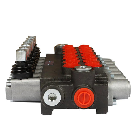 Side view of Beefed Up 7 Spool Double Acting Hydraulic Directional Control Valve For Small Tractor Loaders 13 GPM Flow 3600 PSI SAE Inlet Outlet Ports Heavy Duty Farm Gear For Precise Smooth Control