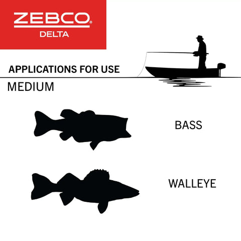 Zebco Delta fishing reel application for bass and walleye, showing silhouettes of fish and a figure fishing in a boat.