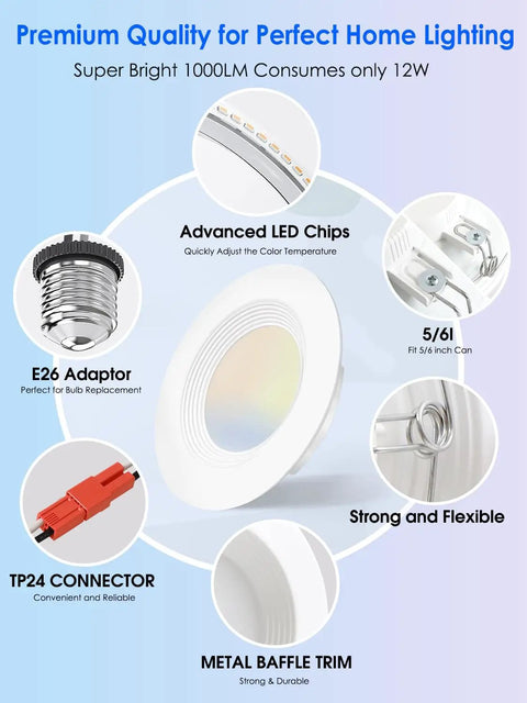 Product diagram of Dope 5/6 Inch Dimmable LED Can Light Kit - 12W, highlighting E26 adaptor, TP24 connector, and metal baffle trim.