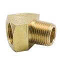 Brass 45-degree street elbow, 1/4 in NPT male x 1/4 in NPT female, side view, pack of 2