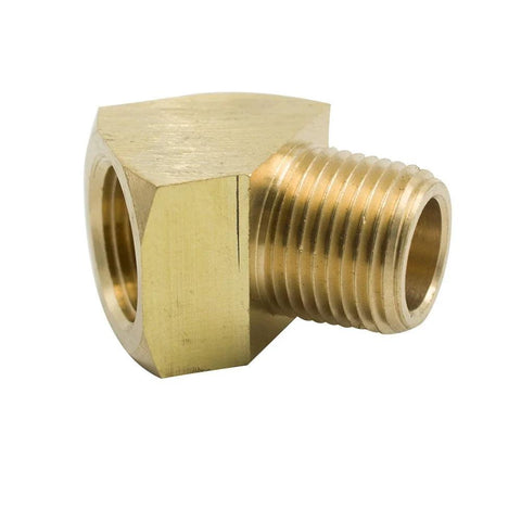Brass 45-degree street elbow, 1/4 in NPT male x 1/4 in NPT female, side view, pack of 2