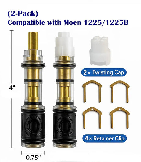 Dual Seal Cartridge Replacement Kit 2 Pack For Single Handle Faucets And Showers With Brass Internal Shaft Fits 1225 And 1225B Cartridges DIY Friendly Includes Installation Clips And Removal Tool, showing two cartridges with brass shafts, clips, and twisting cap