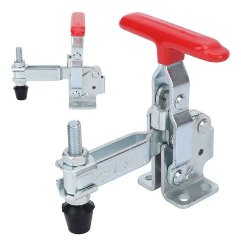 Beefy Heavy Duty Toggle Clamp With 227kg Clamping Power, Vertical Push Pull Design, Iron Body And Plastic Handle, close-up detail