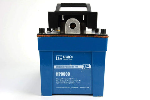 Front view: TEMCo HP0000 air-powered hydraulic foot pump, blue metal unit with handle.