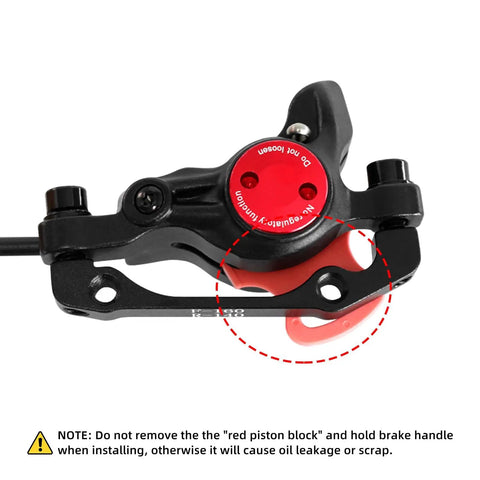 Full Hydraulic 2 Piston Mountain Bike Disc Brakes Set showing black caliper with red piston block, essential for aggressive MTB riding.