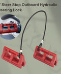 4 Inch Steer Stop Outboard Hydraulic Steering Lock for Outboard Motor Trailering and Transport Red, shown in use