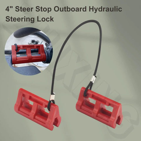 4 Inch Steer Stop Outboard Hydraulic Steering Lock for Outboard Motor Trailering and Transport Red, shown in use