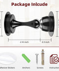 No Drill Magnetic Door Stopper 2 Pack Black Easy Install Door Catch Holder Keeps Doors Open With Strong Stainless Steel Magnet Wall And Floor Mounted Adhesive Tape And Screws Included For Light To Heavy Doors shown with dimensions and included accessories.
