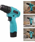 Badass 12V Cordless Drill Driver With 25 Plus 1 Precision Torque, Compact Build, Built In Led, Dual Rechargeable Batteries, Fast Usb C Charging Setup For Tough Job Sites, teal color, side view display.