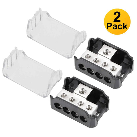 4 Way Car Amp Power Distribution Block 0 2 4 AWG In and 4 8 10 AWG Out Nickel Plated Internals Ground Distributor for Multi Amp Car Audio Wiring 2 Pack, black covers