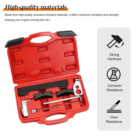 Premium Carbon Steel Camshaft Timing Tool Kit Fits 1.4 1.6 1.8 Liter 16V Motor Crank Lock Pins inside a red case.