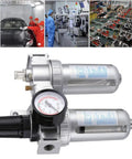All In One Dual Unit Pneumatic Air Treatment System with Regulator, Filter, and Lubricator in workshop setting