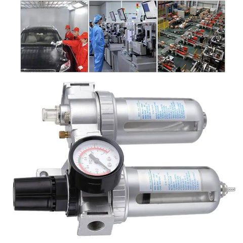All In One Dual Unit Pneumatic Air Treatment System with Regulator, Filter, and Lubricator in workshop setting