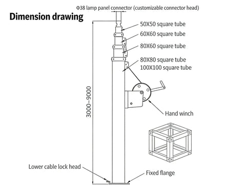 Dimension drawing of Manual Crank Telescopic Light Pole showing parts like hand winch, square tubes, and lock head.