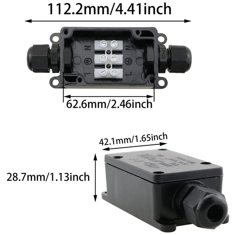 Open and closed views of IP65 Waterproof Outdoor Junction Box 2 Pack Exterior 2 Way Electrical Enclosure for underground cables.