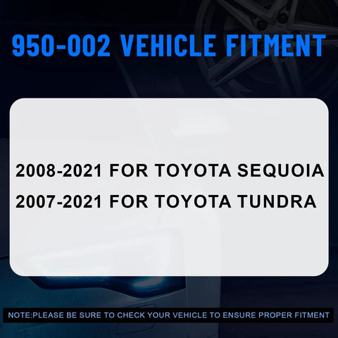 Vehicle fitment chart for 950-002, listing compatibility for Toyota Sequoia 2008-2021 and Tundra 2007-2021 models