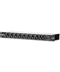 Eight Channel Rack Mount Stereo Mixer With Individual Level Pan And Effects Sends, front panel showing controls and LEDs.