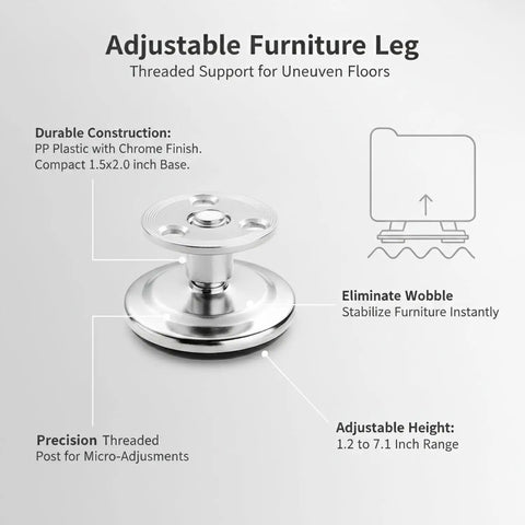 Threaded Adjustable Furniture Leg With Chrome Finish, 1.2 To 7.1 Inch Height Range, Plastic Leveling Feet For Uneven Floors, Stabilize Dresser
