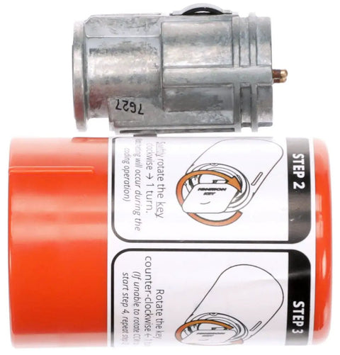 Key Relearn Ignition Lock Cylinder Replacement with Exclusive Plug And Play Coding Tool shown in silver with instructions.
