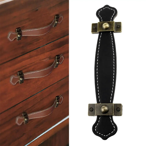 Black Leather Handle Set For Luggage And Home Storage Durable Handheld Trunk Handles Replacement For Closets Cabinets And Dressers Easy To Install 4 Pack Kit Built To Last Great For Travel And Everyday Home Organization installed on drawers
