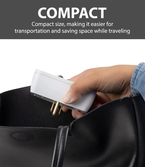 Hand placing Refrigerator Surge Protector With 3 Outlets, Heavy Duty Appliance Guard For Fridge, Microwave, Washer, Garage Door And More in bag