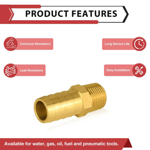 Super Tough Brass Hose Barb Connectors One Inch Barb Meets Three Quarter Male Npt Threads features corrosion and leak resistance.