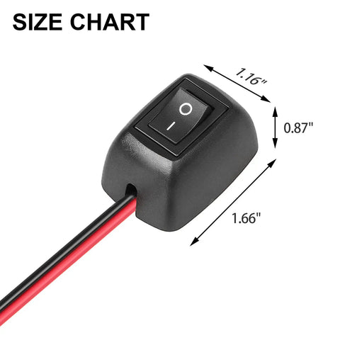 Size chart of Inline Rocker Switch SPST Two-Position On Off Box Switch, 16A at 125V and 6A at 250V, with wire clamps and adhesive mount
