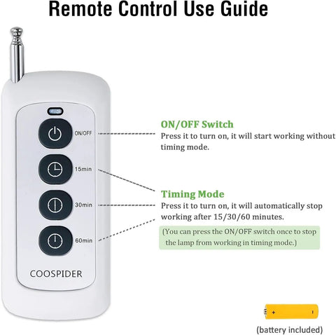 Remote control for 36W UVC Germ Busting Light Bulb For Basements Garages And Cars With E26 Base 110V Ozone Free, ON/OFF and timer buttons
