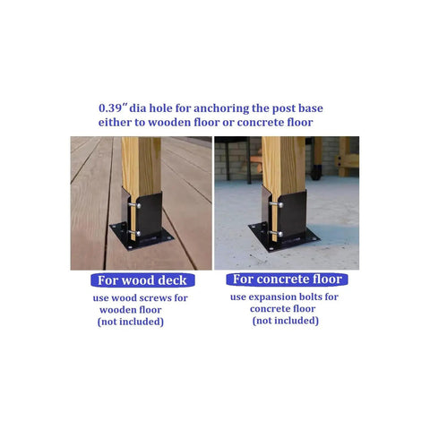 4 Pack Bolt Down Square Fence Post Brackets for 6x6 Wood Posts, Black Powder Coated 14 Gauge Steel Post Base Anchors for wood deck and concrete floor installation
