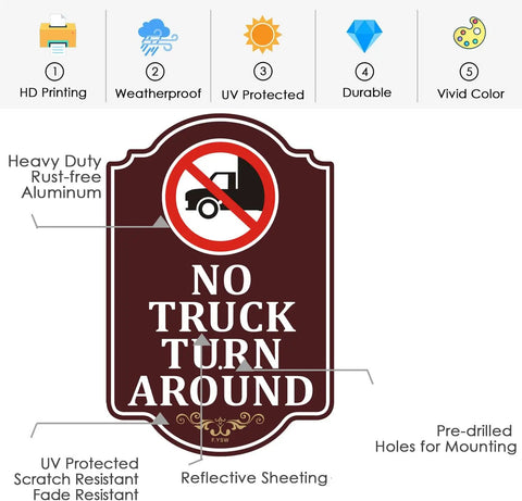 No Truck Turn Around Sign For Private Driveways And Loading Zones, High Visibility 12 By 18 Inch Aluminum Sign On A 35 Inch Metal Stake, Heavy Duty Outdoor Marker For Parking Lots, Warehouses, Yards, And Home Use. Maroon no truck turn sign